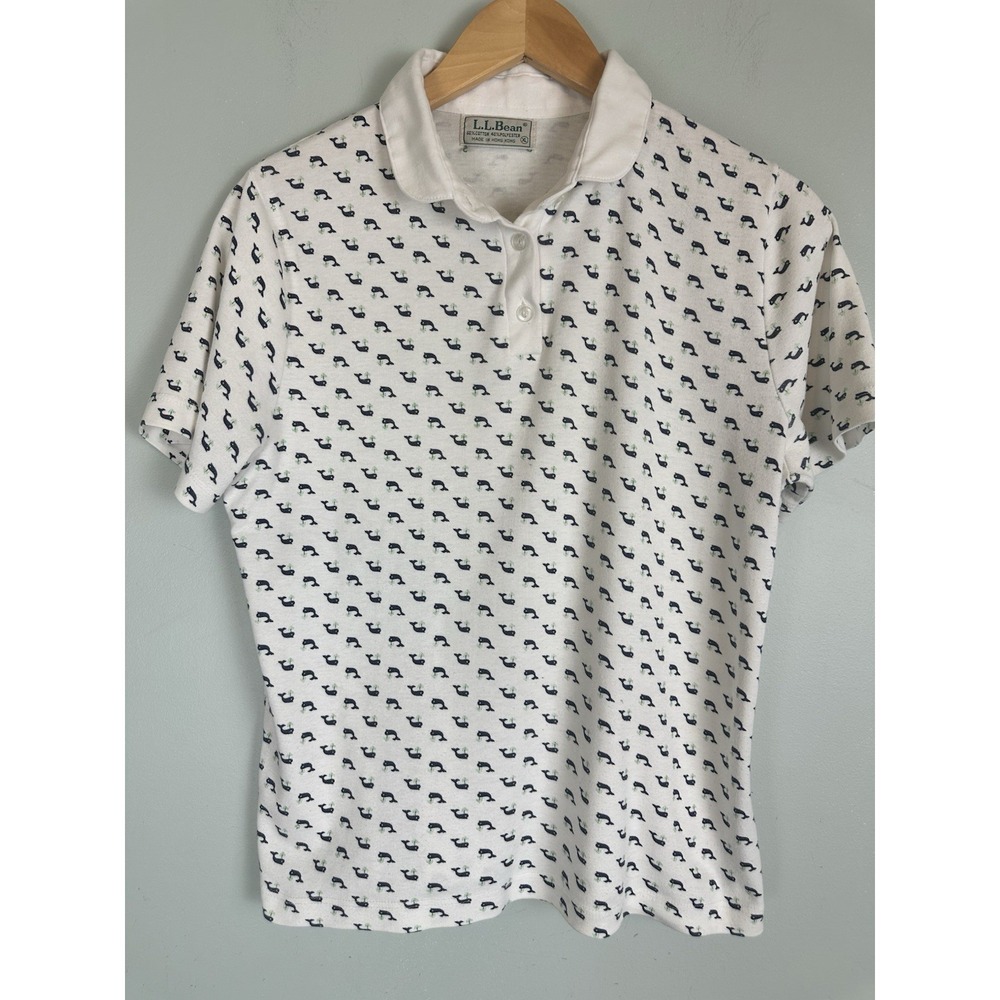 VTG LL Bean Womens XL Polo Shirt Whale Print Made in Hong Kong Coastal Preppy